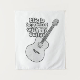 Das Leben ist schön mit meiner Gitarre. Schwarz-We Wandteppich