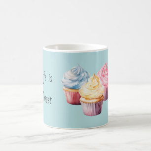 Das Leben ist süß Gelbe Blaue Rosa Cupcakes Kaffeetasse