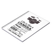 Das Leben ist wie ein Kamerazitat, schwarzer Notizblock (Linke Seite)