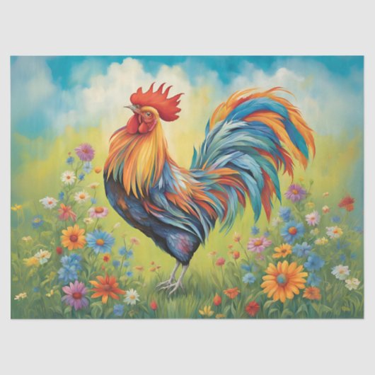 Das lebhafte Rooster im Blumengarten Seidenpapier (Vorderseite)