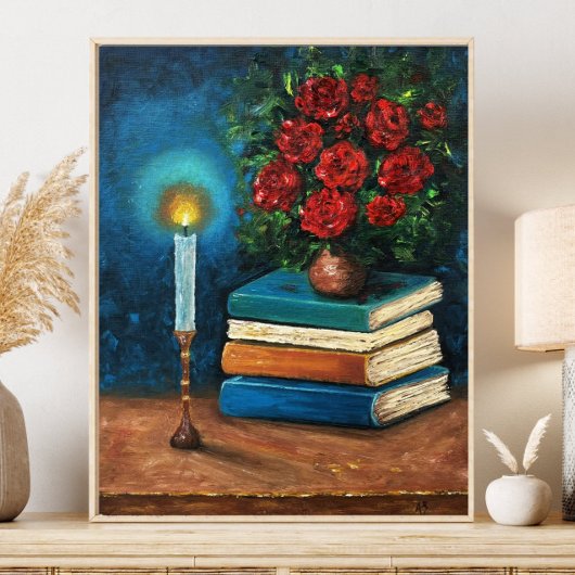 Das Lesen von Büchern zum Thema Kunst und Stillleb Poster