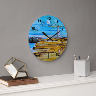 Das Leuchtturm am Strand Gemälde von Alfred Fox Große Wanduhr