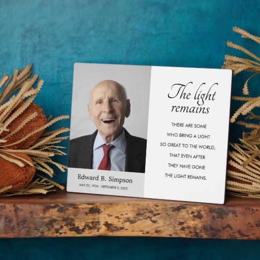 Das Licht bleibt das Beerdigungsgedicht mit Foto Fotoplatte (Seite)