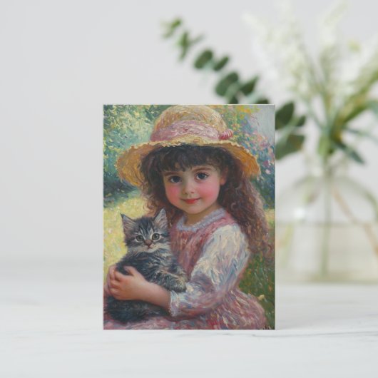 Das liebliche kleine Mädchen und ihre Katze Postkarte (Stehend Vorderseite)