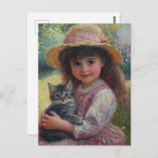 Das liebliche kleine Mädchen und ihre Katze Postkarte (Vorne/Hinten)