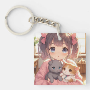 Das Mädchen, die Welpe und die Kitten Schlüsselanhänger
