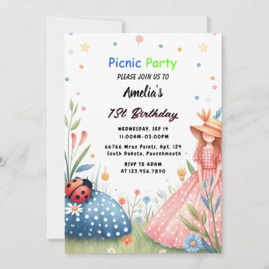 Das Mädchen Liebe Bug Picnic Polka Dot 1. Geburtst Einladung (Vorderseite)