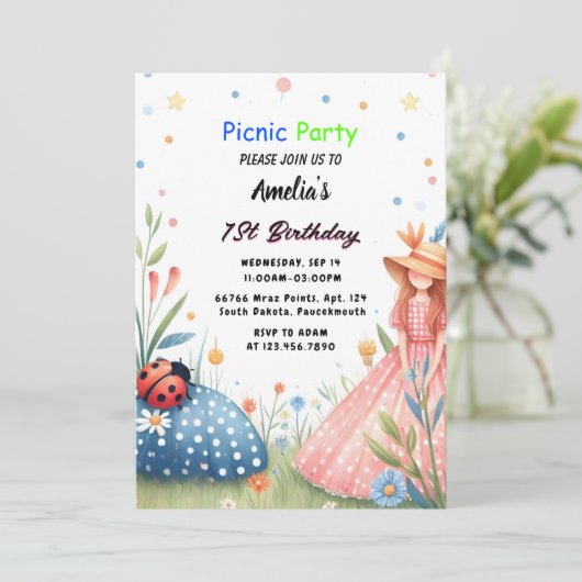 Das Mädchen Liebe Bug Picnic Polka Dot 1. Geburtst Einladung (Stehend Vorderseite)