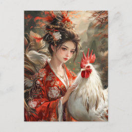 Das Mädchen mit dem Rooster-Chinesisch Zodiac Art Postkarte