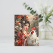 Das Mädchen mit dem Rooster-Chinesisch Zodiac Art Postkarte (Stehend Vorderseite)