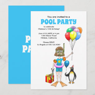 Das Mädchen und die Poolparty des Pinguins Einladung