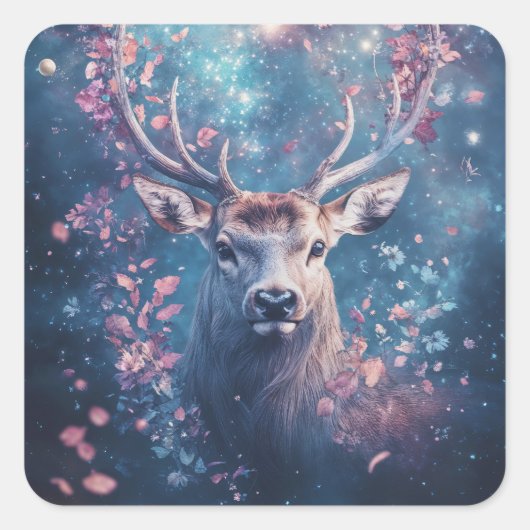 Das magische Hirsch zwischen Sternen und Blume Quadratischer Aufkleber (Vorderseite)