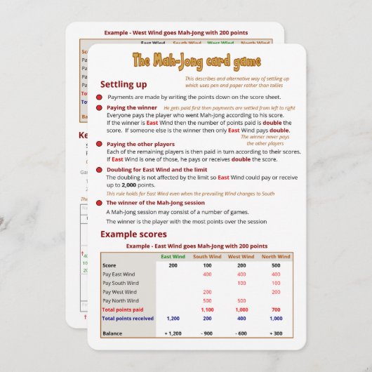 Das Mah-Jong-Kartenspiel - Abrechnung Einladung (Vorne/Hinten)