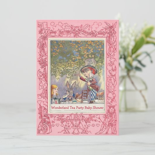 Das Märchenland-Tee-Party-Baby-Dusche des rosa Einladung (Stehend Vorderseite)