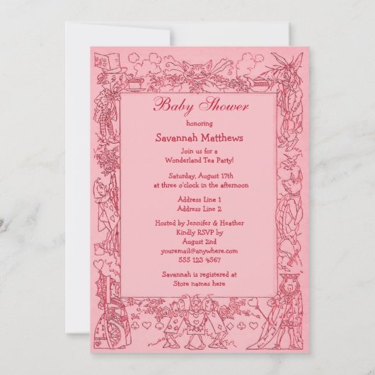 Das Märchenland-Tee-Party-Baby-Dusche des rosa Einladung (Rückseite)