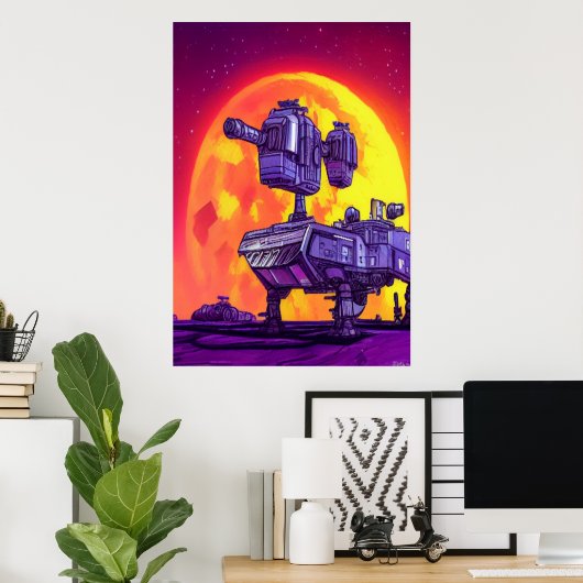 Das Mech im Mondschein | AI Art Poster (Heimbüro)
