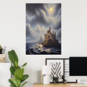 Das Meer ein Felsen und eine Burg | Art der AI Poster (Heimbüro)