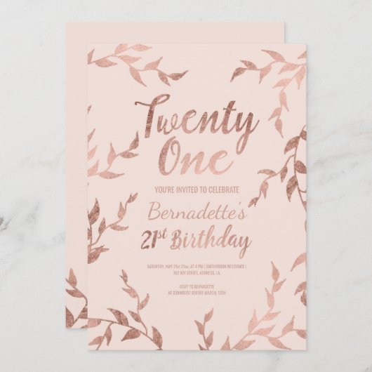 Das moderne Blumen Rosengold erröten Rosa 21. Einladung (Vorne/Hinten)