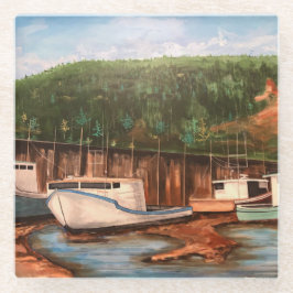 Das moderne Fischerdorf Braunen und Grüntöne Glasuntersetzer