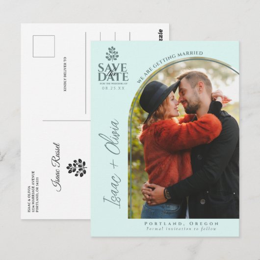 Das moderne Foto Boho Eucalyptus Arch Save the Dat Postkarte (Vorne/Hinten)