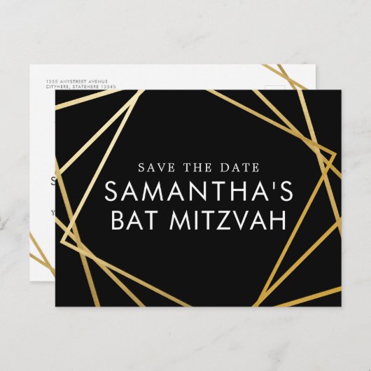 Das moderne Schwarz-Gold-Bat Mitzvah Save the Date Ankündigungspostkarte (Vorne/Hinten)