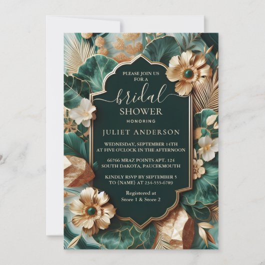 Das Monstera Emerald Green and Gold Brautparty Einladung (Vorderseite)