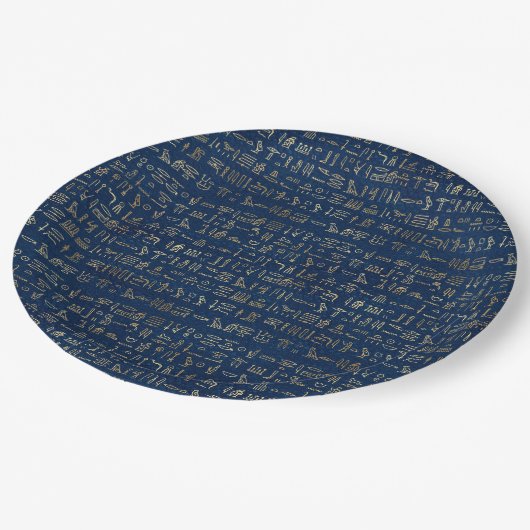 Das Muster der ägyptischen Hieroglyphen aus Gold u Pappteller (Schrägansicht)