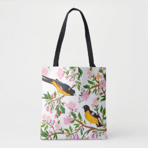 Das Muster zeigt Vögel und Blumen. Es ist erscha Tasche