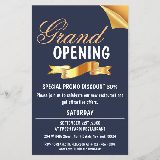 Das Navy Blue & Gold Ribbon Restaurant Grand Openi Flyer (Vorne)