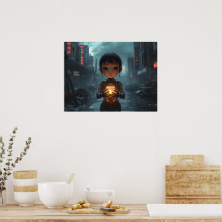 Das Neon-Flüchtlingsmädchen: Futuristischer Cyberp Poster