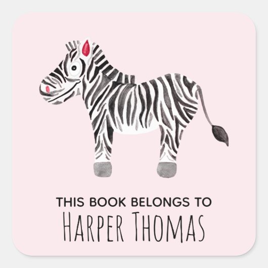 Das Niedliche Buch des Mädchens gehört Safari Zebr Quadratischer Aufkleber (Vorderseite)