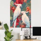 Das Paar der Kakados in einem blühenden Baum Poster (Heimbüro)