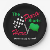 Das Party der kontrollierten Flagge beginnt hier d Pappteller (Vorderseite)