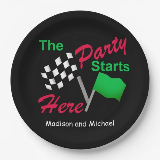 Das Party der kontrollierten Flagge beginnt hier d Pappteller (Vorderseite)