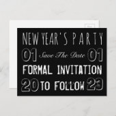 Das Party des Neujahrs Save the Date Schwarz und W Ankündigungspostkarte (Vorne/Hinten)