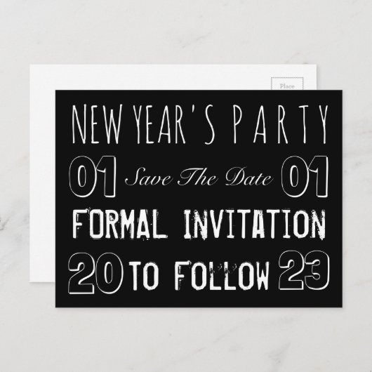 Das Party des Neujahrs Save the Date Schwarz und W Ankündigungspostkarte (Vorne/Hinten)