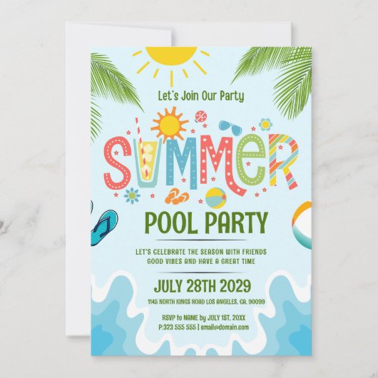 Das Party des Sommerbades ist grün und blau und lä Einladung (Vorderseite)