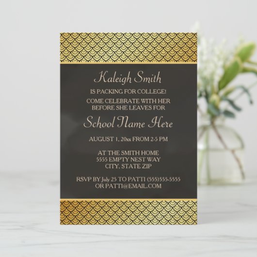 Das Party "Off To Uni" aus Gold und Schwarz lädt e Einladung (Stehend Vorderseite)