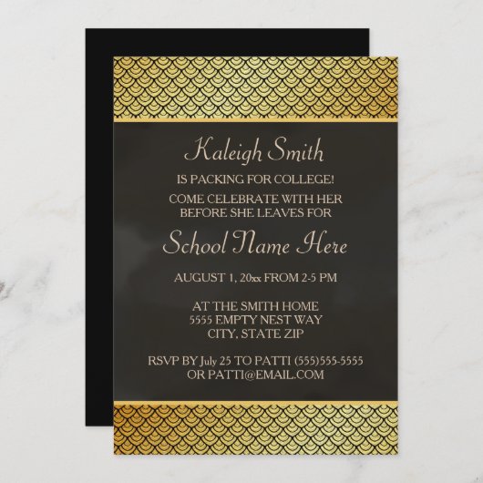 Das Party "Off To Uni" aus Gold und Schwarz lädt e Einladung (Vorne/Hinten)