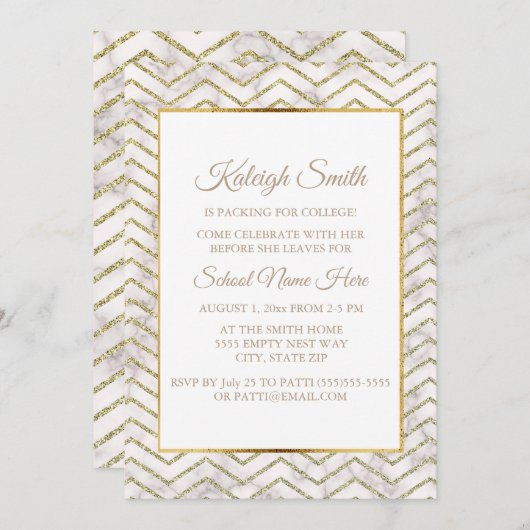 Das Party "Off To Uni" aus Gold und Weiß lädt ein Einladung (Vorne/Hinten)