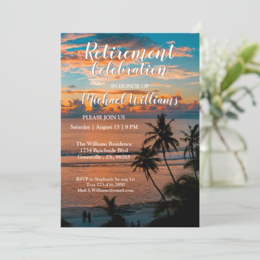 Das Party ?Sunset Palm Tree Retirement? Einladung (Stehend Vorderseite)