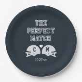 Das perfekte Match-Fußball-Hochzeitmonogramm Pappteller (Vorderseite)