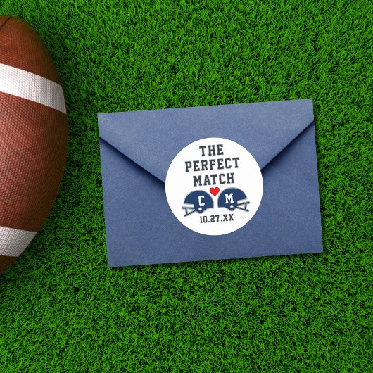 Das perfekte Match-Fußball-Hochzeitmonogramm Runder Aufkleber