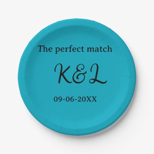 Das perfekte Match-Paar Name Buchstabe Datum blau Pappteller (Vorderseite)