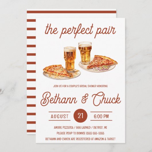 Das perfekte Paar! Pizza und Bier-Brautparty Einladung (Vorne/Hinten)