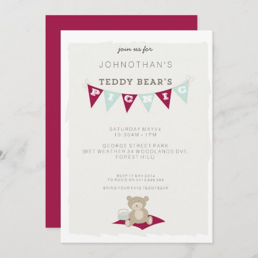 Das Picknick des Teddybären - Rot u. Blau Einladung (Vorne/Hinten)