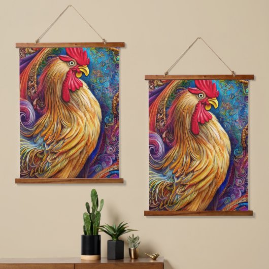 Das Portrait des Roosters Wandteppich Mit Holzrahmen (Asymmetrisch)