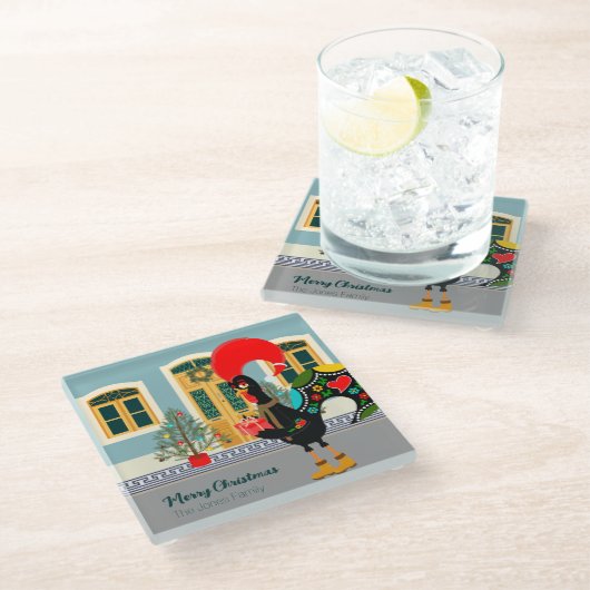 Das portugiesische Rooster mit einem Weihnachtsges Glasuntersetzer (Schrägansicht)