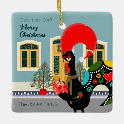 Das portugiesische Rooster mit einem Weihnachtsges Keramikornament (Vorderseite)