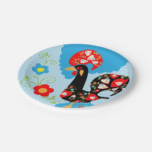 Das portugiesische Rooster von Barcelos Pappteller (Schrägansicht)